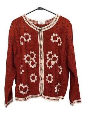 NWT Sapphire Boho Floral Crochet-Trim Cardigan Sweater in Rust Size Small
